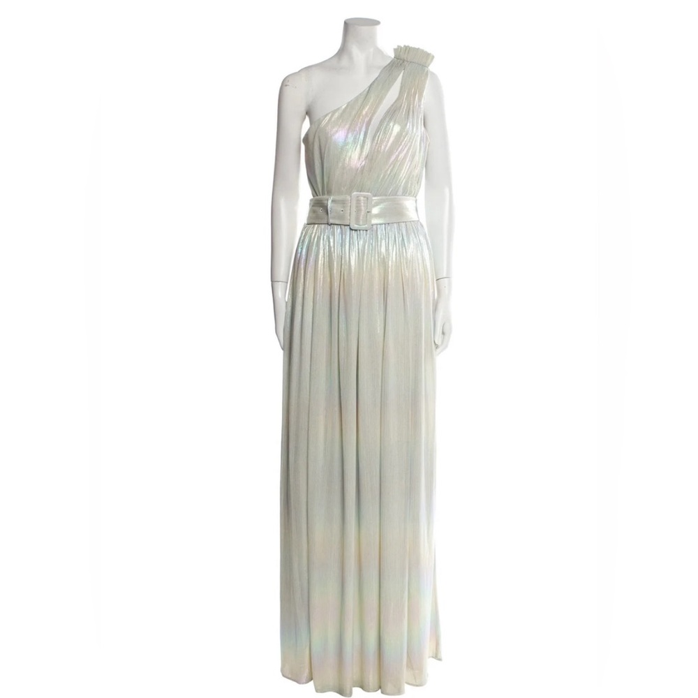 Iridescent one shoulder maxi dress with a belt